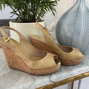 Jimmy Choo Patent Leather Nude Sling Back Cork Wedges Size 37